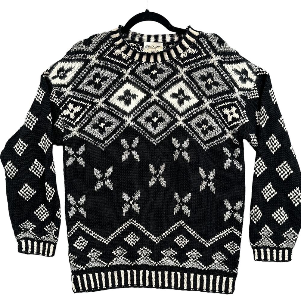 VTG Nordic Fair Isle Sweater M Black White Ski Cozy Preppy Metalic Winter Knit